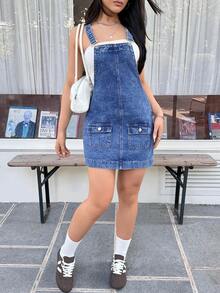 Rivivi 女士口袋时尚百搭休闲牛仔背带裙 - 深色水洗藍 - 查看 6