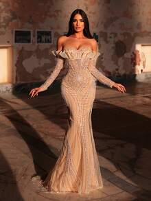 Glamrae Đầm dài tay trễ vai bằng vải sequin màu kaki thanh lịch, sang trọng, trang nhã, quyến rũ với cổ áo xếp nếp và vạt đuôi cá, phù hợp cho mọi dịp trang trọng, đầm dạ hội. - Màu be - Xem 7