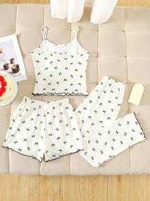 SHEIN 3件套少女休闲针织家居服套装 - 可爱印花吊带背心、长裤和短裤 - 白色 - 查看 2