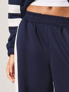 MISSGUIDED Wide Leg Navy Sweatpants With White Stripe Detailing Casual Loose Fit Joggers Elastic Waist Fall Winter Comfort Pants - Navy Blue - View 4