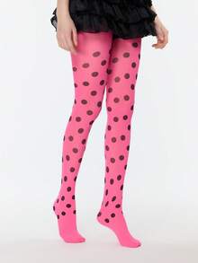 ROMWE Kawaii 1 Pair Women Silver Heart Pattern Tights, Minimalist Fashion Casual For All Seasons, Daily Wear - Rose red and black - View 4