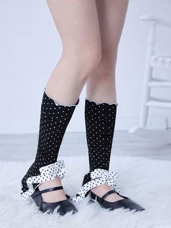 Anime 1 Paio di scalda gambe a zampa d'elefante con fiocco e motivo a pois in stile Y2K, scalda gambe vintage carini e dolci, adatti per uso quotidiano, appuntamenti, viaggi, shopping, ecc.