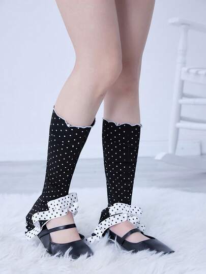 Anime 1 Paio di scalda gambe a zampa d'elefante con fiocco e motivo a pois in stile Y2K, scalda gambe vintage carini e dolci, adatti per uso quotidiano, appuntamenti, viaggi, shopping, ecc.