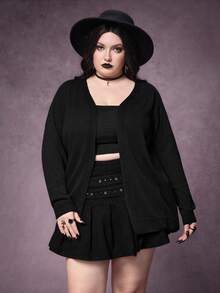 ROMWE Goth 大码女式哥特植物与新月城堡刺绣网纱拼接薄款开衫 - 黑色 - 查看 5