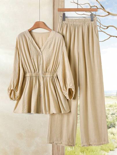 Rusticease Women's Solid Color V-Neck Top & Pants 2 Pieces Set