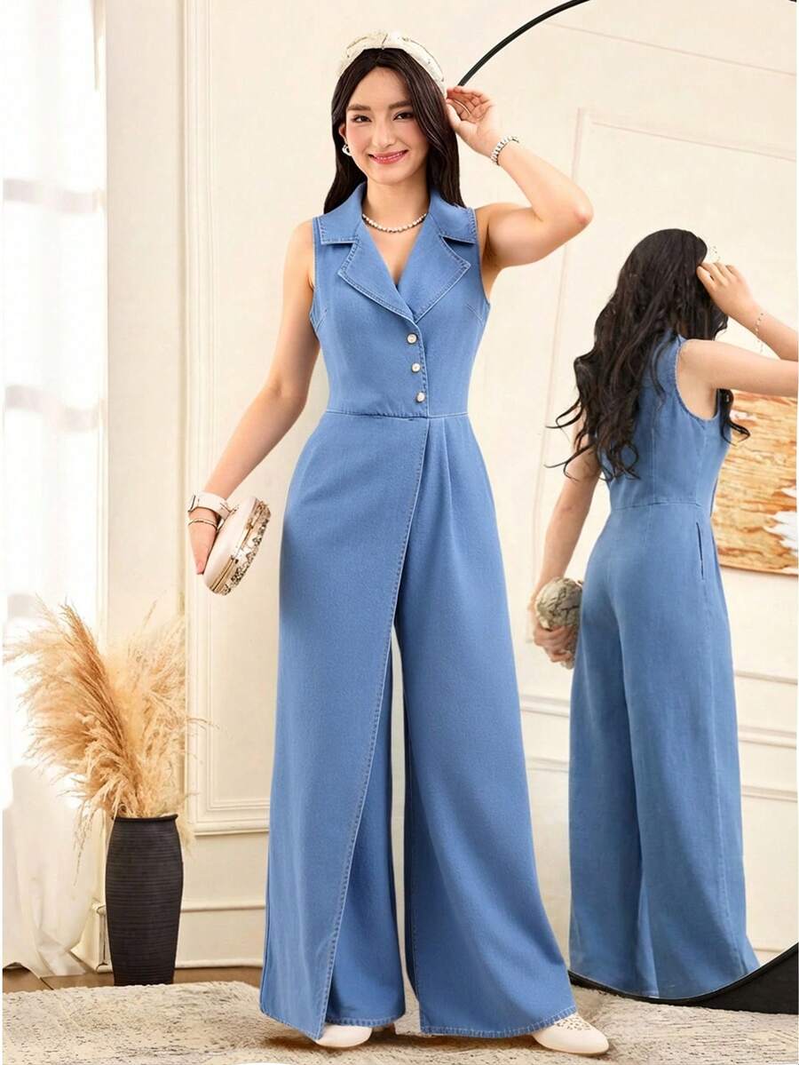 Teen Girl Pearl Button Blue Denim Jumpsuit,Kid Girls Spring And Summer Casual Vacation Country Boho Wear, Beach Outfits For Kid Girls,Summer Jumpsuit - Light Wash - View 1