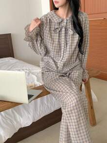 DAZY Sweet Plaid Peter Pan Collar Tie Sleepwear Set For Women - Khaki - View 1