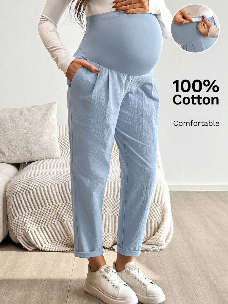 SHEIN Pregnant Women's Solid Color Pleated Pocket Fashion Pants Maternity Pants  Summer Clothes Comfy Maternity Pants Cotton Maternity Clothes Maternity Cotton Pants Pregnancy Pants - Blue - View 1