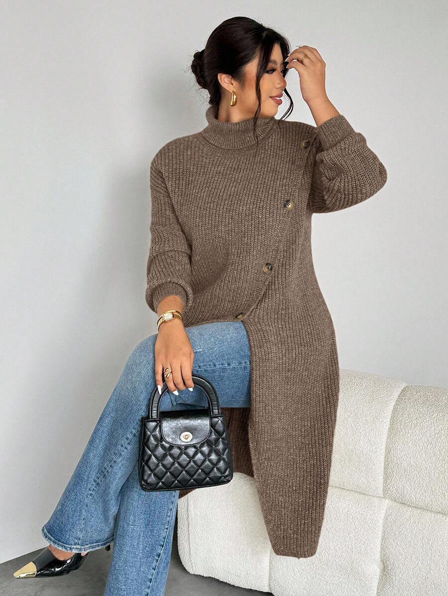 Firerie كنزة صوفية متوسطة الطول مصممة بطراز متقاطع مضفر مناسبة للمرأة ذات الحجم الكبير، عصرية، أنيقة، كاجوال، متعددة الاستخدامات، مناسبة للخريف/الشتاء - بني - مشاهدة 1