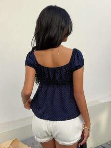 Elamini Tall Women's Navy Blue Polka Dot Square Collar Lace Trim Puff Sleeve Blouse, Comfortable Casual Wear, Suitable For Picnics And Dates