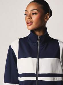 MISSGUIDED Navy Color Block Zip Front Track Jacket With White Contrast Panels And Stripes - Blue and White - View 5