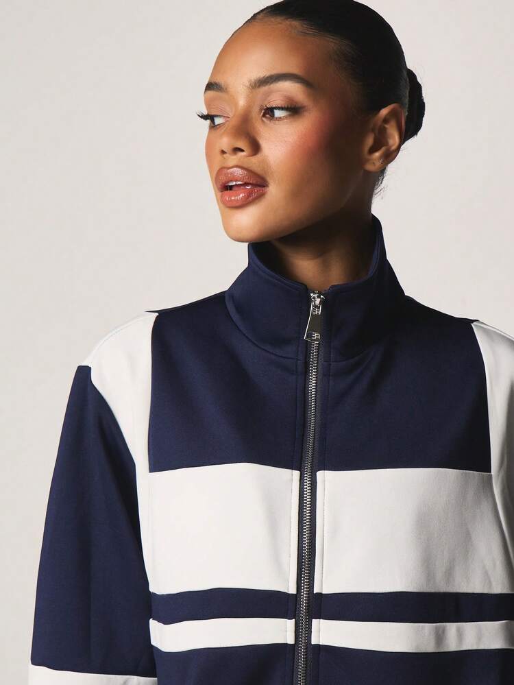 MISSGUIDED Navy Color Block Zip Front Track Jacket With White Contrast Panels And Stripes