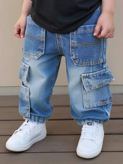 SHEIN Playful Pals 男童休闲水洗蓝色牛仔工装裤，宽松舒适纯棉工作裤，适合日常穿着，秋冬季