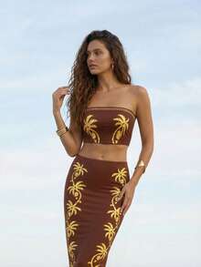 CAJUNI Women's Casual Vacation Tropical Coconut Tree & Banana Leaf Print Strapless Crop Top And Fish Tail Split Hem Skirt 2 Piece Set, Suitable For Dates, Gatherings, Parties, Outings - Coffee Brown - View 4