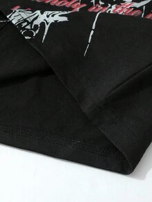 ROMWE MEN Men's Simple Print Long Sleeve T-Shirt And Shorts Set - Black - View 4