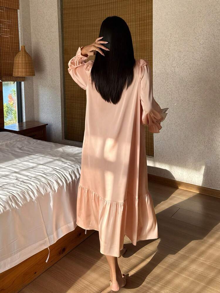 Satin Floral Embroidery Contrast Mesh Ruffle Hem Midi Nightgown For Women