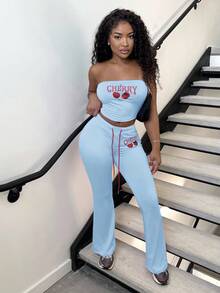 Alexandranx 2025 Spring/Summer New Bohemian Music Festival Countryside Style Easter Casual Daily Beach Vacation Party Street Sexy Sweet Cute Y2K Pink Elastic Knit Fabric Red Cherry Fruit English Letter Graphic Retro American Graphic Sleeveless Cold Shoulder Bodycon Tube Top Paired With Pink Elastic Waist Red Rope Tie Cherry Retro Print Bodycon Flare Pants Women 2 Pieces Set - Baby Blue - View 4