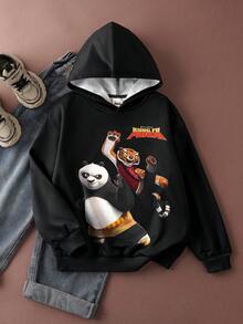 SHEIN Kung Fu Panda Tween Boy Cartoon Graphic Long Sleeve Sweatshirt - Black - View 1