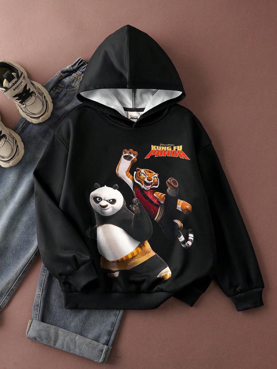SHEIN Kung Fu Panda Tween Boy Cartoon Graphic Long Sleeve Sweatshirt - Black - View 1