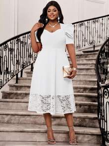 SHEIN Lady Vestido elegante de fiesta de talla grande con parches de encaje de unicolor - Blanco - Ver 7