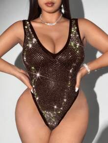 Viva Relle Bodysuit Tanpa Lengan Jala-jala Berhiaskan Berlian Imitasi Seksi, Cocok untuk Pesta, Festival Musik, dan Ukuran Besar - Coffee Brown - View 4