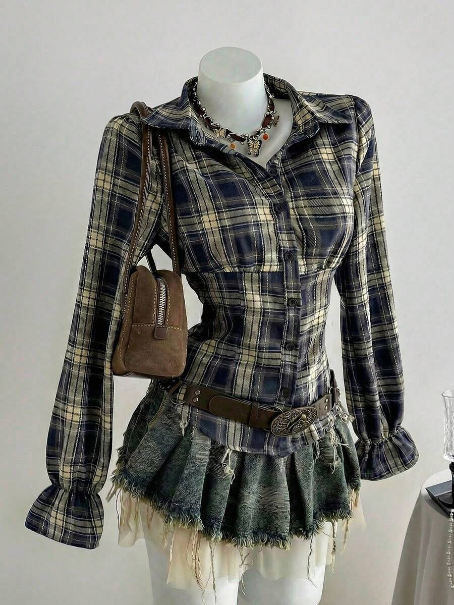 SHEIN Clasi 女士复古通勤收腰简约格子衬衫 - 藍色 - 查看 1