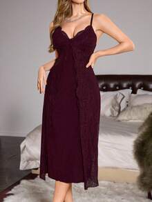 Slumberist 双层蕾丝边无袖女式睡袍 - 酒紅色 - 查看 8