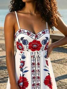 CAJUNI Váy du lịch không tay họa tiết hoa - Đỏ - Xem 4