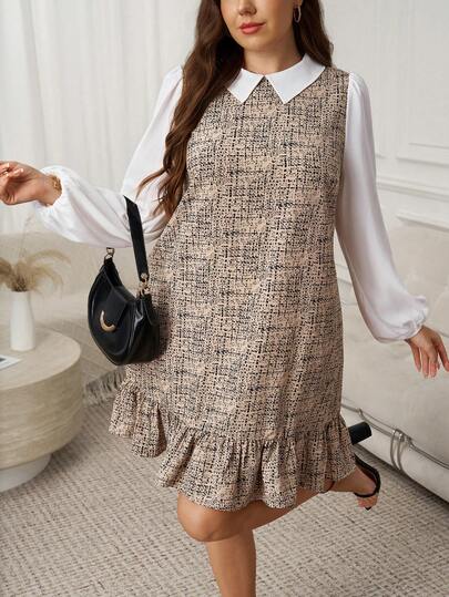 SHEIN LUNE 大码女装二合一灯笼袖休闲通勤连衣裙 棕色白色衬衫裙 白色衬衫格子裙 情人节生日派对生日外出优雅连衣裙 女士优雅度假棕色休闲优雅