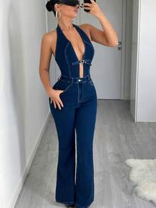 Jeanoix Women's Fashionable Casual Halter Backless Denim Jumpsuit - Dark Wash - View 6