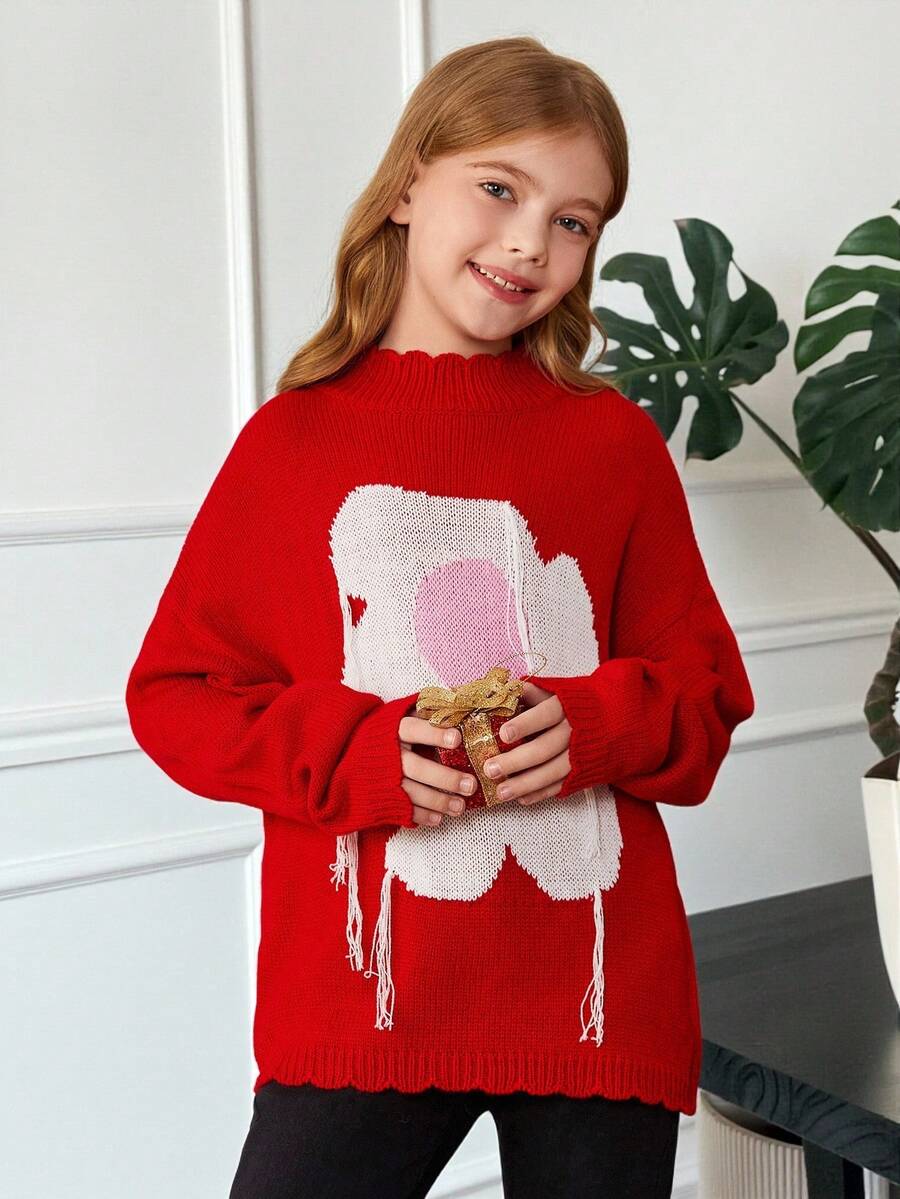 Tween Girl Oversized Casual Minimalist Cozy High Neck Floral Pattern Long Sleeve Warm Sweater - Red - View 1