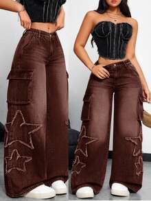 SHEIN Unity Jeans de uso diario minimalista con estampado de estrella para tallas grandes - Marrón - Ver 4