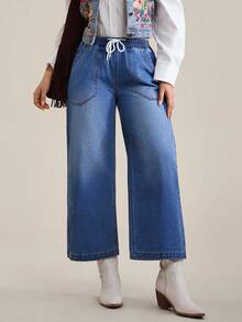 EMERY ROSE 女士休闲水洗抽绳腰阔腿牛仔裤 - 藍色 - 查看 7