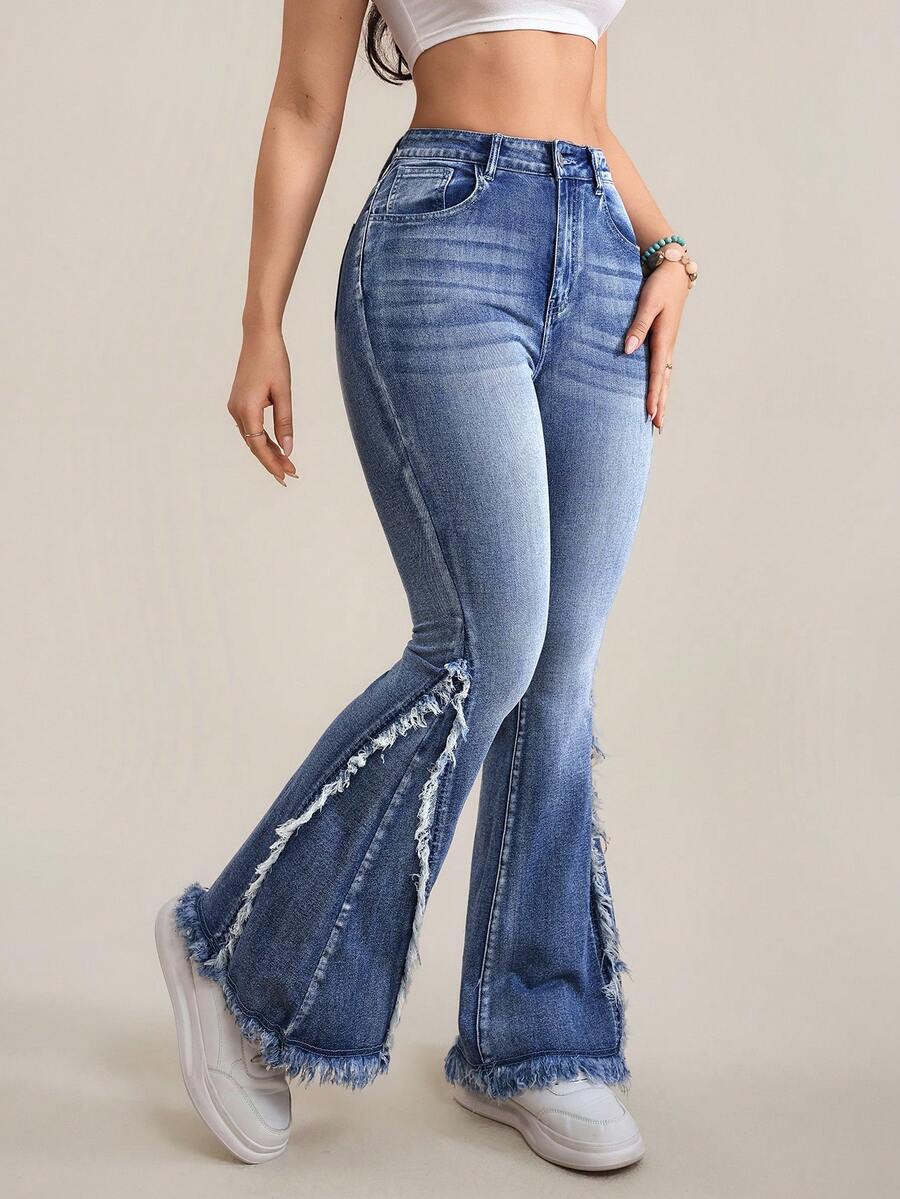 SHEIN Tall Women's Casual Distressed Slim Fit Flare Leg Jeans - Blue - View 1
