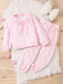 2pcs Tween Girl Pink Flannel Heart & Bow Pattern Long Sleeve Lounge Set - Green - View 4