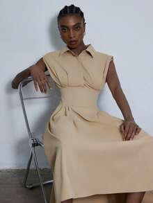 Aveloria Modichic Thiết kế dành cho người đi làm, kiểu dáng thanh lịch Pháp, cổ ve áo sang trọng, eo thon, dáng dài không tay. - Màu Khaki - Xem 6