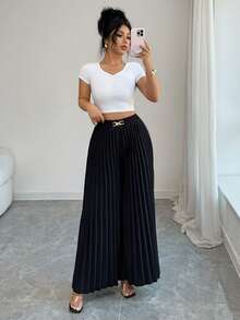 SHEIN Elenzya Quần ống rộng xếp ly kiểu mới mùa xuân, phù hợp cho đi làm, dự tiệc và nhiều dịp khác. Thích hợp cho trang phục thường ngày, đi làm, đi nghỉ mát, tiệc trà chiều, tiệc Giáng sinh và các dịp khác. Trang phục công sở cho giáo viên mùa tựu trường. - màu đen - Xem 8