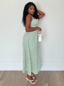 Alexandranx Women's Summer Lace-Up Sides Slit Hem Plaid Strap Midi Dress Women Summer Clothing Women Summer Sets Woman S Summer Clothes Women Plus Sun Dress Women S Clothes Cotton Summer Dress Gingham Dress Summer Dress Women Casual Summer Dress Picnic Dress Gingham Summer Dress Summer Dress For Women Green Vacation - Mint Green - View 4