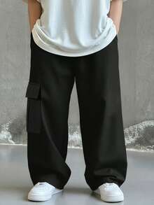 Tween Boys' Casual Everyday Comfortable Cargo Pocket Straight Leg Loose Fit Pants, Black Cargo Pants, Suitable For Outings, Dates, School, Spring, Summer, Fall, Winter - Black - View 2