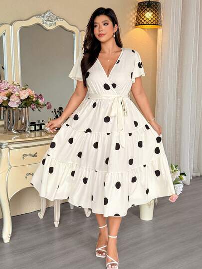 Vionelle Vestido de verano/primavera de longitud hasta la rodilla para mujer de talla grande, elegante y casual, con escote en V, volantes y mangas abullonadas con estampado de lunares