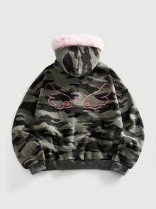 ROMWE MEN Street Life Men's Camouflage Print Fleece Hooded Sweatshirt, Autumn/Winter - Army Green - View 2