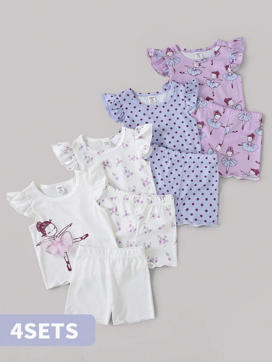 SHEIN 8pcs/Set Baby Girls 0-3 Years Spring/Summer Casual Daily Wear Cute Ballet Girl Sleeveless Tee Shirt & Shorts 8pcs Outfit Set - Mauve Purple - View 1