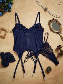 SHEIN 4pack Contrast Lace Mesh Lace Up Front Garter Underwire Corset Lingerie Set - Navy Blue - View 2