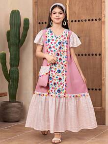 SHEIN Vestido maxi de algodón suelto con estampado floral rosa, patchwork y mangas con volantes para niña preadolescente, con bolso de accesorios, vestido largo estilo boho para fiesta de verano - Rosa - Ver 7