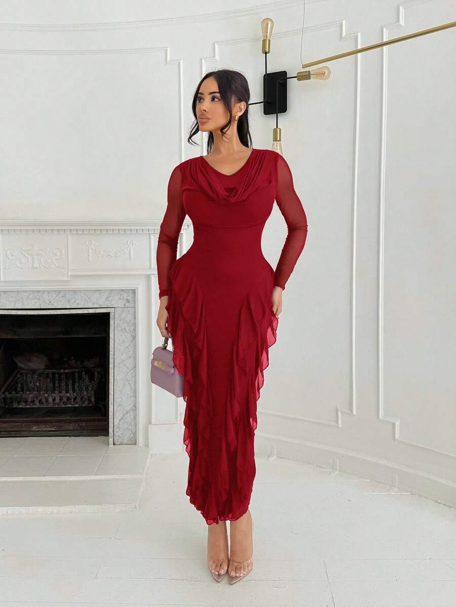 Shopreo Women's Elastic Net Fabric Ruffle Collar Bodycon Dress, Elegant, Long, Spring/Summer - Red - View 1
