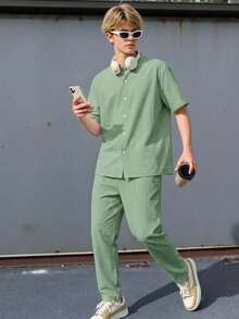 SHEIN 青少年男童两件套休闲宽松百搭舒适高性价比立领梭织短袖衬衫裤套装 - 薄荷綠 - 查看 8