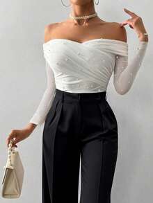 Firerie 女士优雅白色露肩珍珠装饰荷叶边连体衣，修身优雅浪漫派对/约会情人节服装 - 白色 - 查看 2