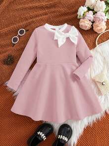 Cute Colorblock Long Sleeve Dress, Collegiate Style For Young Girls - Pink - View 8