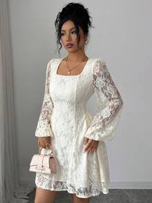 Modelyn Robe mini élégante et romantique pour femmes, avec encolure carrée, manches lanternes, taille cintrée et coupe évasée en dentelle - Nude - Voir 6
