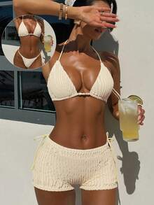 Bonvoyette Bộ bikini 3 món dành cho nữ, chất liệu vải trơn, có họa tiết, kiểu buộc dây cổ. - Màu be - Xem 1